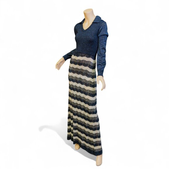 Vintage 70s Wenjilli Metallic Knit Maxi Dress * Navy & Silver Chevron Lurex - Picture 5 of 15
